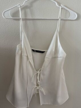 Zara White Satin Lace-Up V-Neck Cami